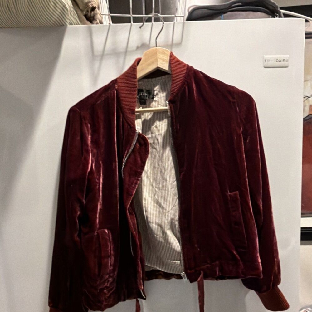 J.Crew Women's Burgundy Bomber Jacket Full Zip Ribbed Collar Long Sleeve XXS